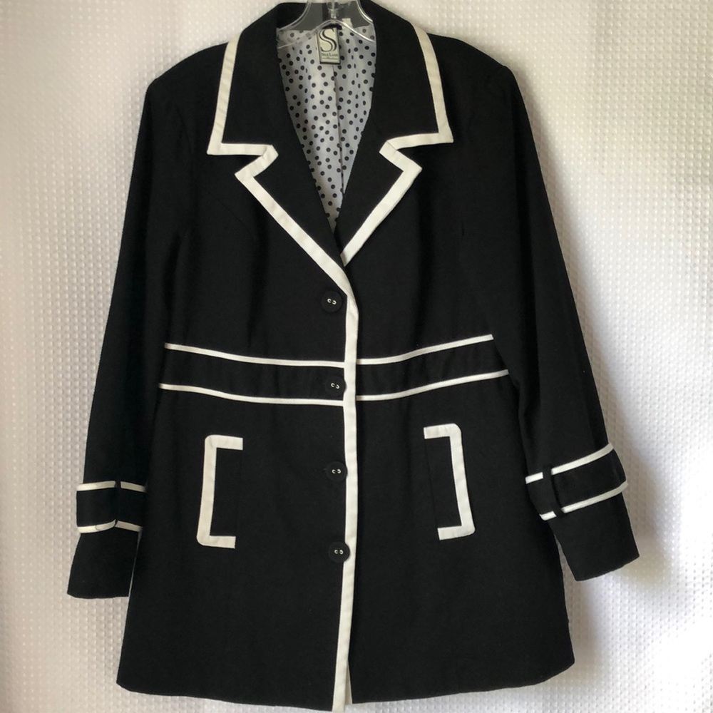 Black Wmns Long Length Jacket White Piping sz l